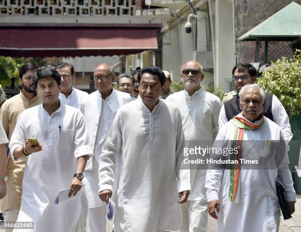 Congress Leader Jyotiraditya Madhavrao Scindia , PCC President Madhya Pradesh Kamal Nath , Digvijay Singh and others come out after meeting with the...