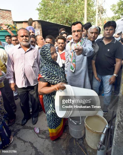 Delhi Pradesh Congress Committee President Ajay Maken during the 'Jal Satyagraha' protest against the acute shortage of drinking water in the slum...
