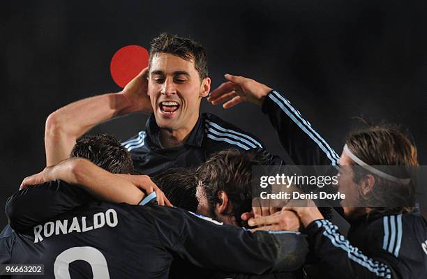 Alvaro Arbeloa of Real Madrid celebrates after Cristiano Rolaldo scored Real's second goal during the La Liga match between Xerez CD and Real Madrid...