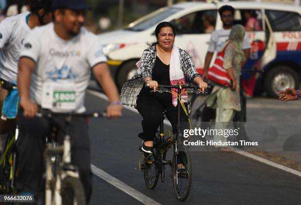 Member of Parliament Meenakashi Lekhi participates in a cycle rally on the occasion of World Bicycle Day 2018 after Vice President Venkaiah Naidu...