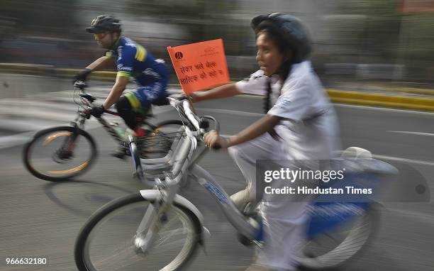 Cyclists participate in a cycle rally on the occasion of World Bicycle Day 2018 after Vice President Venkaiah Naidu unveiled the Smart Bike during an...