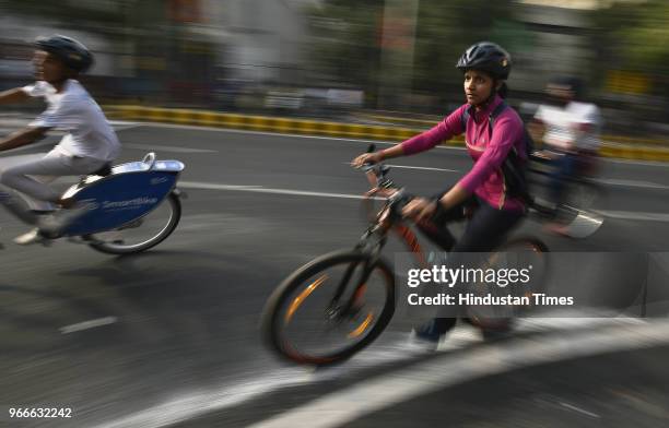 Cyclists participate in a cycle rally on the occasion of World Bicycle Day 2018 after Vice President Venkaiah Naidu unveiled the Smart Bike during an...