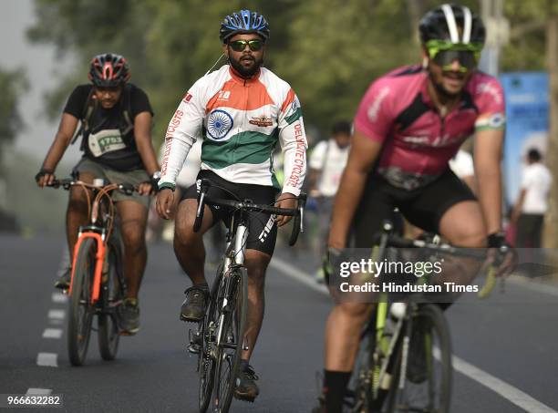 Cyclists participate in a cycle rally on the occasion of World Bicycle Day 2018 after Vice President Venkaiah Naidu unveiled the Smart Bike during an...