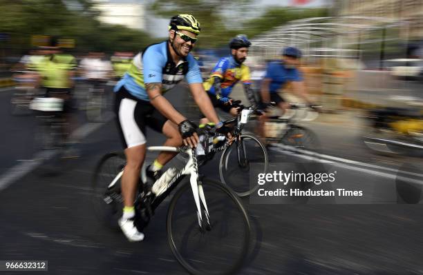 Cyclists participate in a cycle rally on the occasion of World Bicycle Day 2018 after Vice President Venkaiah Naidu unveiled the Smart Bike during an...