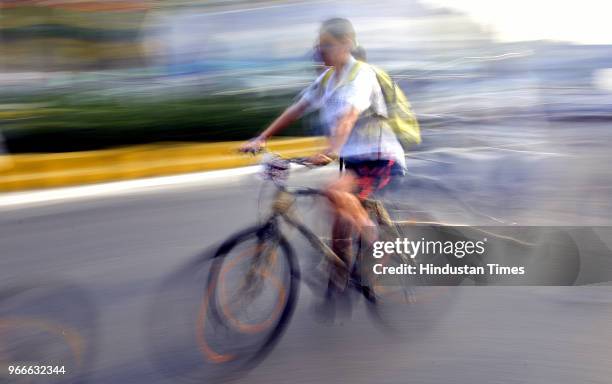 Cyclist participates in a cycle rally on the occasion of World Bicycle Day 2018 after Vice President Venkaiah Naidu unveiled the Smart Bike during an...