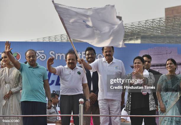 Vice President Venkaiah Naidu flags off a bicycle rally after unveiling the Smart Cycle on the occasion of World Bicycle Day 2018 in the presence of...