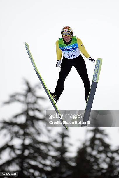 Noriaki Kasai of Japan competes during the Ski Jumping Normal Hill Individual Trial Round on day 2 of the Vancouver 2010 Winter Olympics at Whistler...