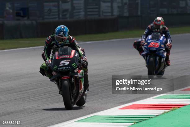Johann Zarco of France and Monster Yamaha Tech 3 leads the field during the MotoGP race during the MotoGp of Italy - Race at Mugello Circuit on June...