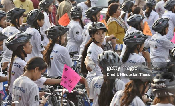 Cyclists participate in a cycle rally on the occasion of World Bicycle Day 2018 after Vice President Venkaiah Naidu unveiled the Smart Bike during an...