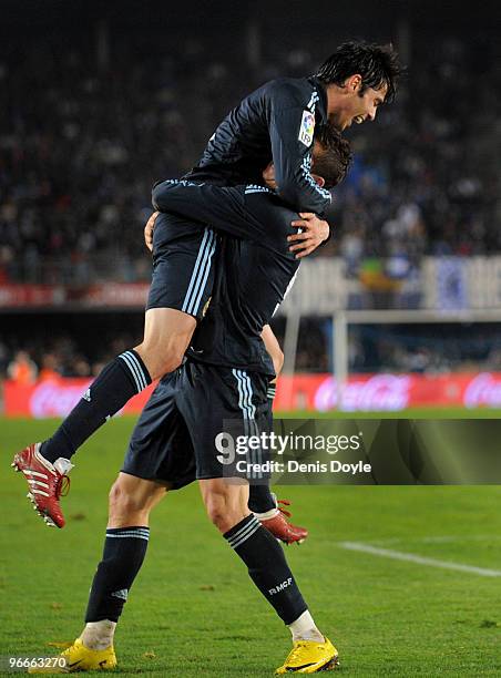 Cristiano Ronaldo of Real Madrid celebrates with Kaka after scoring Real's second goal during the La Liga match between Xerez CD and Real Madrid at...
