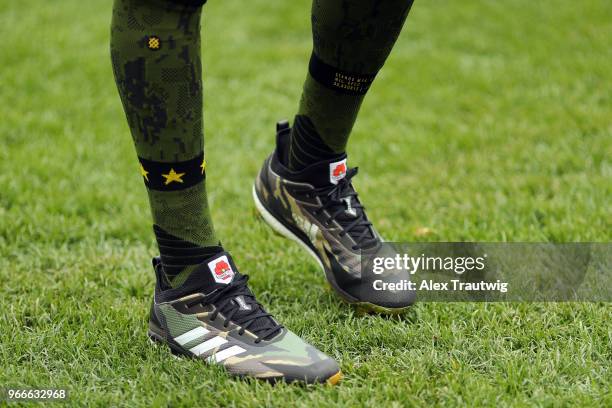 Detail view of the cleats of Carlos Correa of the Houston Astros prior to the start of a game against the New York Yankees at Yankee Stadium on...