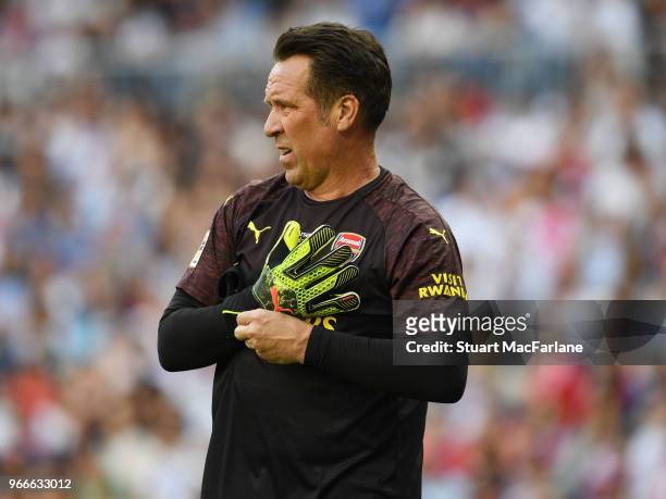 David Seaman of Arsenal during the match between Real Madrid CL Legends and Arsenal FC Legends at Estadio Santiago Bernabeu on June 3, 2018 in...