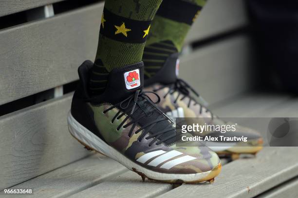 Detail view of the cleats and socks of Aaron Judge of the New York Yankees during a game against the Houston Astros at Yankee Stadium on Monday, May...