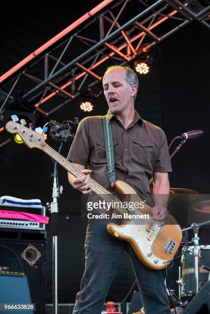 Bassist Gar Wood of Hot Snakes performs live on stage during Upstream Music Festival at Pioneer Square on June 2, 2018 in Seattle, Washington.