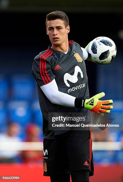 Kepa Arrizabalaga of Spain warm up during the International Friendly match between Spain and Switzerland at Estadio de La Ceramica on June 3, 2018 in...