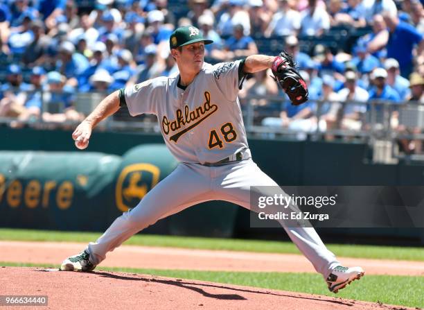 Daniel Gossett of the Oakland Athletics pitches in the first inning against the Kansas City Royals at Kauffman Stadium on June 3, 2018 in Kansas...