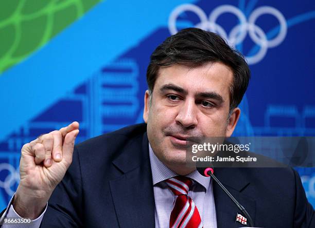 President Mikheil Saakashvili of Georgia speaks during a press conference at the MPC on day 2 of the Vancouver 2010 Winter Olympics on February 13,...