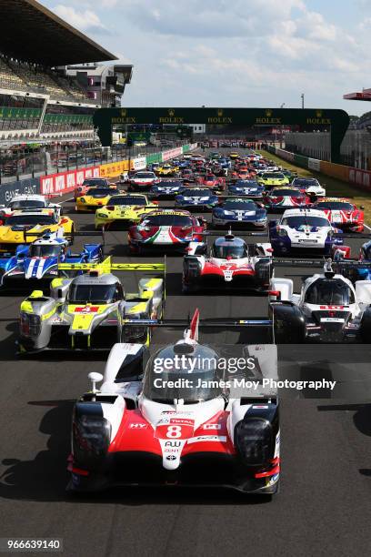 The Toyota Gazoo Racing TS050 Hybrid of Sebastien Buemi, Kazuki Nakajima, Fernando Alonso, Jose Maria Lopez, and Anthony Davidson lines up with the...