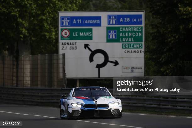 The The BMW Team MTEK M8 GTE of Antonio Felix da Costa, and Alexander Sims drives during the Le Mans 24 Hours Test Day on June 3, 2018 in Le Mans,...