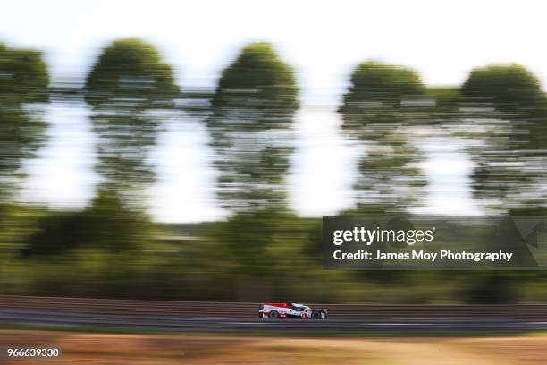 The Toyota Gazoo Racing TS050 Hybrid of Sebastien Buemi, Kazuki Nakajima, Fernando Alonso, Jose Maria Lopez, and Anthony Davidson drives during the...