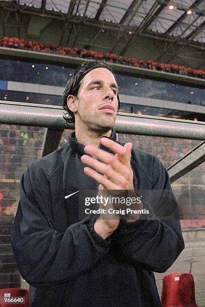 Ruud Van Nistelrooy of Holland sits on the substitutes bench before the World Cup 2002 Group Two Qualifying match against Cyprus played at the...