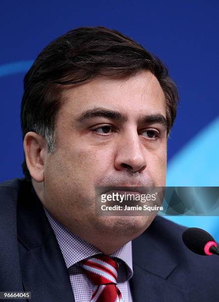 President Mikheil Saakashvili of Georgia speaks during a press conference at the MPC on day two of the Vancouver 2010 Winter Olympics on February 13,...