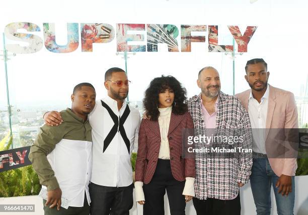 Jason Mitchell, Director X, Lex Scott Davis, Joel Silver, and Trevor Jackson attend the photo call for Sony Pictures Entertainment's "SuperFly" held...