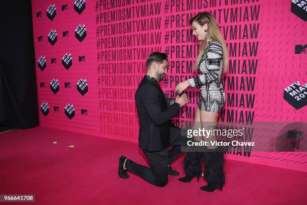Jonathan Gutierrez propose marriage to Brenda Zambrano of Acapulco Shore during the MTV MIAW Awards 2018 at Arena Ciudad de Mexico on June 2, 2018 in...