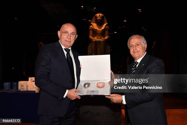 Michael Van Praag and Roberto Fabbricini pose for a photo during the Italy And Holland Delegations Dinner And Visit To Egyptian Museum on June 3,...