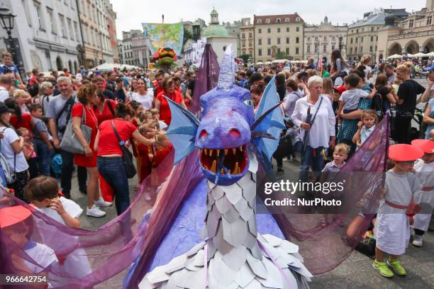 18th Great Dragon Parade marches throught the Main Square in Krakow, Poland on 3 June, 2018. The annual Great Dragon Parade features more than a...