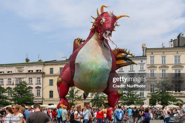 18th Great Dragon Parade marches throught the Main Square in Krakow, Poland on 3 June, 2018. The annual Great Dragon Parade features more than a...