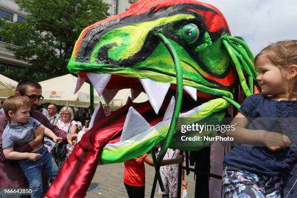 18th Great Dragon Parade marches throught the Main Square in Krakow, Poland on 3 June, 2018. The annual Great Dragon Parade features more than a...