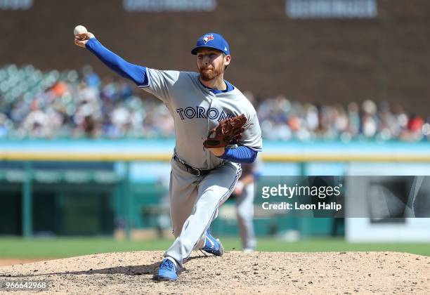 Danny Barnes of the Toronto Blue Jays pitches during the eighth inning of the game against the Detroit Tigers at Comerica Park on June 3, 2018 in...