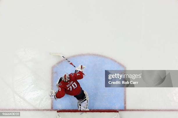 Braden Holtby of the Washington Capitals tends goal against the Vegas Golden Knights in Game Three of the 2018 NHL Stanley Cup Final at Capital One...