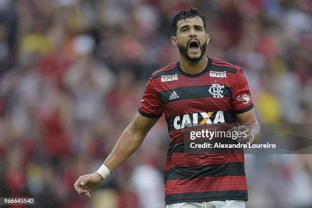 Henrique Dourado of Flamengo reacts during the match between Flamengo and Corinthians as part of Brasileirao Series A 2018 at Maracana Stadium on...