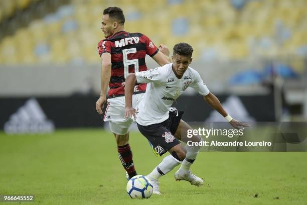 Rene of Flamengo struggles for the ball with Pedrinho of Corinthians during the match between Flamengo and Corinthians as part of Brasileirao Series...