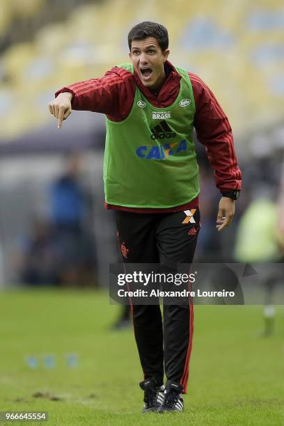 Mauricio Barbieri, head coach of Flamengo reacts during the match between Flamengo and Corinthians as part of Brasileirao Series A 2018 at Maracana...