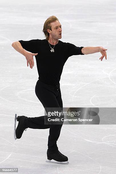 Evgeni Plushenko of Russia practices during figure skating training on day 2 of the Vancouver 2010 Winter Olympics at Pacific Coliseum on February...