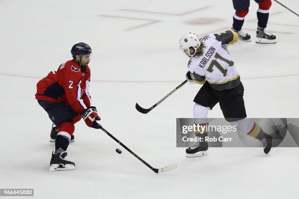 William Karlsson of the Vegas Golden Knights skates against Matt Niskanen of the Washington Capitals in Game Three of the 2018 NHL Stanley Cup Final...