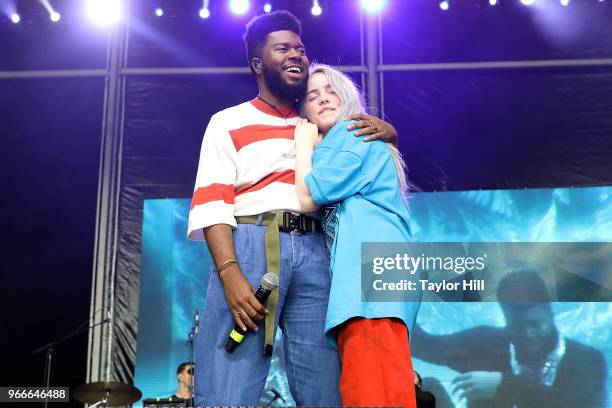 Khalid and Billie Eilish perform onstage during Day 3 of the 2018 Governors Ball Music Festival at Randall's Island on June 3, 2018 in New York City.