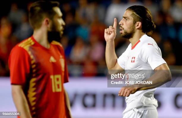 Switzerland's defender Ricardo Rodriguez celebrates a goal during the international friendly football match between Spain and Switzerland at La...