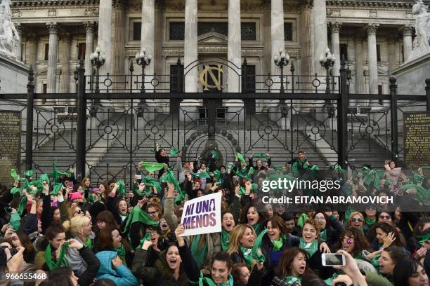 Argentine actresses, along with dozens of other pro-choice activists, gather in front of the Argentine Congress in Buenos Aires, on June 3 calling...