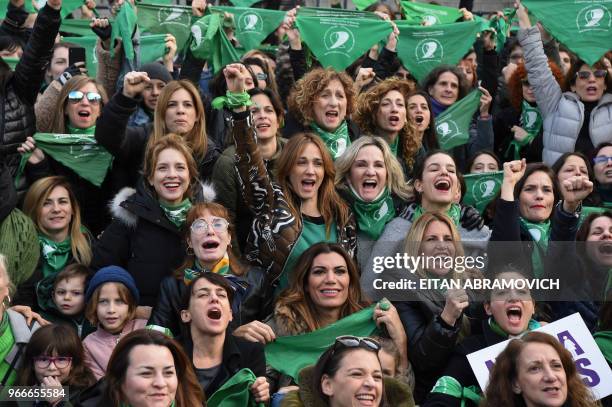 Argentine actresses, along with dozens of other pro-choice activists, gather in front of the Argentine Congress in Buenos Aires, on June 3 calling...