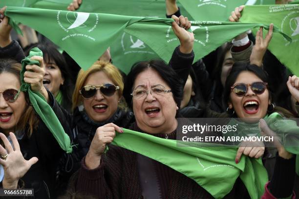 Argentine actresses, along with dozens of other pro-choice activists, gather in front of the Argentine Congress in Buenos Aires, on June 3 calling...