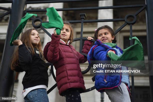 Girls take part in a demonstration by Argentine actresses, along with dozens of other pro-choice activists, outside the Argentine Congress in Buenos...