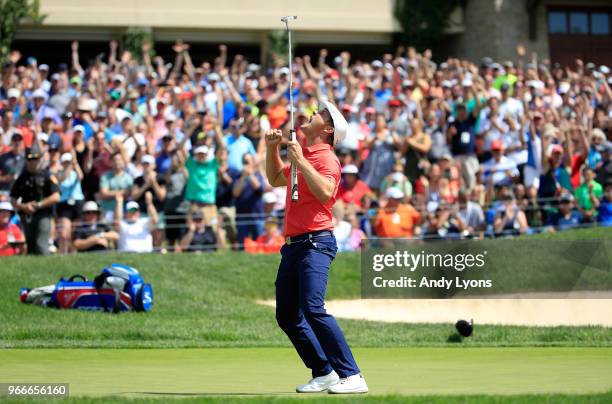 Bryson DeChambeau celebrates after winning in a playoff against Byeong-Hun An of South Korea during the final round of The Memorial Tournament...
