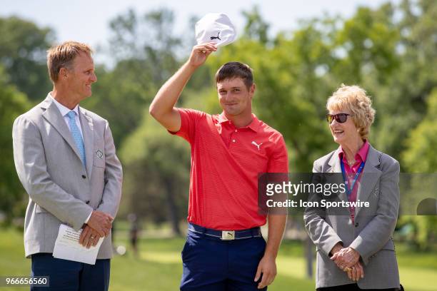 Bryson DeChambeau reacts after winning the second round playoff of the Memorial Tournament at Muirfield Village Golf Club in Dublin, Ohio on June 03,...