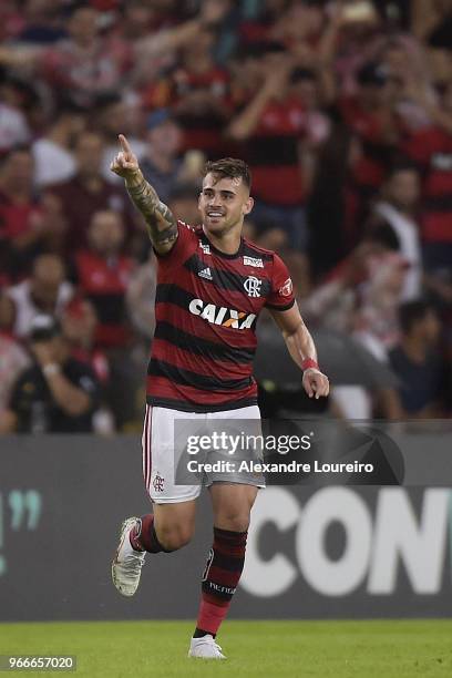 Felipe Vizeu of Flamengo celebrates their first scored goal during the match between Flamengo and Corinthians as part of Brasileirao Series A 2018 at...