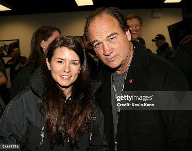 Nationwide Series driver Danica Patrick and Actor Jim Belushi prior to the running of NASCAR Nationwide Series race DRIVE4COPD 300 at Daytona...