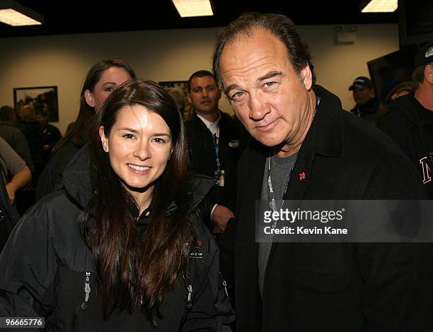 Nationwide Series driver Danica Patrick and Actor Jim Belushi prior to the running of NASCAR Nationwide Series race DRIVE4COPD 300 at Daytona...
